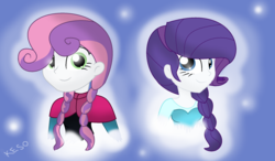 Size: 1952x1138 | Tagged: safe, artist:kasi-ona, rarity, sweetie belle, equestria girls, g4, anna, elsa, frozen (movie), princess anna belle, queen elsarity