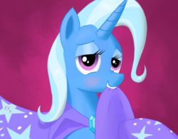 Size: 1600x1247 | Tagged: safe, artist:tomayto, trixie, pony, unicorn, g4, blushing, cape, clothes, cute, female, hat, mare, solo, trixie's cape, trixie's hat