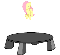 Size: 1428x1292 | Tagged: safe, artist:carson marain, fluttershy, pony, g4, animated, female, happy, jumping, simple background, solo, trampoline, white background, wingless