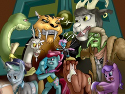 Size: 1600x1200 | Tagged: safe, artist:88shyguy, chimera sisters, cup cake, diamond tiara, discord, seabreeze, trouble shoes, oc, big cat, breezie, chimera, goat, snake, tiger, g4, facehoof, female, male, mud, multiple heads, three heads