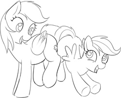 Size: 955x773 | Tagged: safe, artist:mcsadat, rainbow dash, scootaloo, pegasus, pony, g4, butt bump, butt to butt, butt touch, female, filly, grayscale, mare, monochrome, siblings, sisters