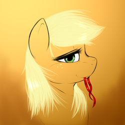 Size: 1000x1000 | Tagged: dead source, safe, artist:ushiro no kukan, applejack, g4, female, hair tie, loose hair, mouth hold, solo
