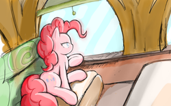Size: 1036x642 | Tagged: safe, artist:fromamida, pinkie pie, earth pony, pony, g4, party pooped, female, friendship express, mare, sitting, solo, window