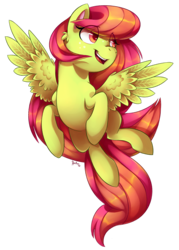 Size: 1000x1400 | Tagged: safe, artist:heilos, oc, oc only, oc:tulipa, pegasus, pony, ear fluff, female, flying, freckles, mare, open mouth, open smile, smiling, solo