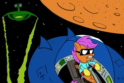 Size: 1024x683 | Tagged: safe, artist:halflingpony, scootaloo, g4, calvin and hobbes, space, spaceman spiff, spaceship