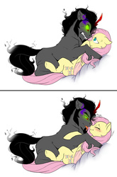 Size: 1000x1512 | Tagged: safe, artist:evehly, fluttershy, king sombra, pegasus, pony, unicorn, g4, :p, :t, bedroom eyes, blushing, boop, broken horn, colored sclera, colored wings, colored wingtips, comic, cuddling, cute, duo, eyes closed, female, floppy ears, fluffy, frown, glare, glowing eyes, gritted teeth, horn, male, mare, nervous, noseboop, on back, scrunchy face, ship:sombrashy, shipping, smiling, snuggling, sombradorable, stallion, straight, submissive, sweatdrop, teasing, tongue out, wavy mouth