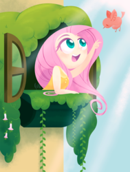 Size: 855x1131 | Tagged: safe, artist:ilianagatto, fluttershy, bird, human, filli vanilli, g4, cute, female, fluttershy's cottage, happy, humanized, shyabetes, solo