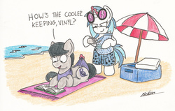 Size: 2337x1490 | Tagged: safe, artist:bobthedalek, dj pon-3, octavia melody, vinyl scratch, earth pony, pony, unicorn, g4, beach, bikini, clothes, cooler, ice cube, incoming prank, prank, swimsuit, this will end in pain, this will end in screams, this will end in tears, traditional art, umbrella