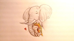 Size: 1191x670 | Tagged: dead source, safe, artist:thefriendlyelephant, oc, oc only, oc:ana, oc:obi, deer pony, elephant, original species, big ears, birthday gift, duo, eyeshadow, heart, horns, hug, smiling, traditional art, trunk hug, tusk