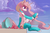 Size: 3133x2039 | Tagged: safe, artist:qweeli, princess celestia, alicorn, pony, semi-anthro, g4, alternate eye color, choker, chokerlestia, clothes, cloud, female, high res, mare, pink-mane celestia, putting on clothing, sitting, socks, solo, stockings, thigh highs, toeless legwear, toeless stockings