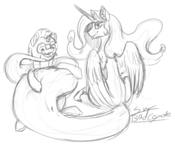 Size: 1000x818 | Tagged: safe, artist:blindcoyote, princess celestia, pony, unicorn, g4, bedroom eyes, blushing, coil seduce, coils, guard, long tail, monochrome, seduction, sketch, tail seduce, teasing, tongue out, wrap, wrapped up