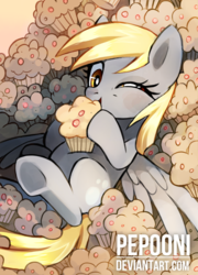 Size: 533x740 | Tagged: safe, artist:pepooni, derpy hooves, pegasus, pony, g4, cute, derpabetes, female, food, looking at you, mare, muffin, solo, that pony sure does love muffins, underhoof, wink