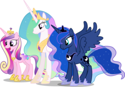 Size: 5000x3480 | Tagged: safe, artist:pilot231, princess cadance, princess celestia, princess luna, alicorn, pony, equestria games (episode), g4, absurd resolution, alicorn triarchy, concave belly, cute, female, folded wings, jewelry, mare, regalia, simple background, slender, spread wings, thin, transparent background, trio, trio female, vector, wings