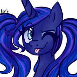 Size: 3000x3000 | Tagged: safe, artist:katkakakao, princess luna, g4, alternate hairstyle, female, high res, pigtails, solo, tongue out, wink