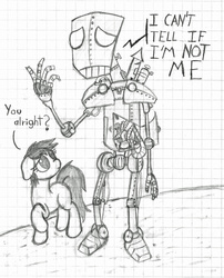 Size: 1280x1583 | Tagged: safe, artist:tricomator, oc, oc only, robot, existential crisis, graph paper, monochrome, traditional art