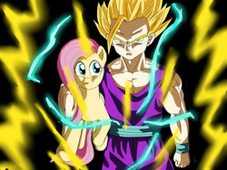 Size: 1032x774 | Tagged: safe, artist:yordisz, fluttershy, g4, crossover, dragon ball, dragon ball z, licking, licking lips, son gohan, super saiyan 2, tongue out