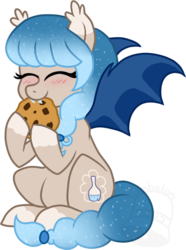 Size: 520x700 | Tagged: safe, artist:tambelon, oc, oc only, oc:glimmer palette, bat pony, pony, cookie, cute, eating, fangs, nibbling, ocbetes, solo, watermark