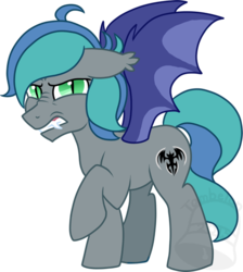 Size: 626x700 | Tagged: safe, artist:tambelon, oc, oc only, oc:swift edge, bat pony, pony, angry, fangs, growling, male, raised hoof, simple background, slit pupils, snarling, solo, stallion, transparent background, watermark