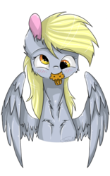 Size: 800x1280 | Tagged: safe, artist:fredsonv, derpy hooves, pegasus, pony, g4, blushing, cute, derpabetes, female, fluffy, mare, mouth hold, muffin, simple background, solo, spread wings, transparent background