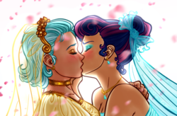 Size: 969x635 | Tagged: safe, artist:superkeen, bon bon, lyra heartstrings, sweetie drops, human, g4, alternate hairstyle, blushing, bride, clothes, dress, duo, ear piercing, earring, eyes closed, female, heartwarming in hindsight, hilarious in hindsight, humanized, jewelry, kissing, lesbian, necklace, piercing, ship:lyrabon, shipping, that was fast, wedding, wedding dress, wedding veil