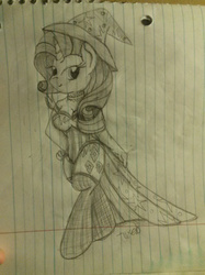 Size: 1280x1707 | Tagged: safe, artist:tuxedo, rarity, anthro, g4, clothes, dress, female, leotard, lined paper, monochrome, solo, stockings, traditional art, trixie's hat