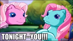 Size: 600x338 | Tagged: safe, edit, edited screencap, screencap, minty, pinkie pie (g3), g3, the runaway rainbow, caption, image macro, implied lesbian, meme, ship:mintypie, shipping, stranger danger, tonight you