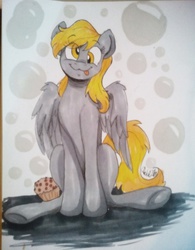 Size: 750x960 | Tagged: safe, artist:darebel-red, derpy hooves, pegasus, pony, g4, :3, female, mare, muffin, sitting, solo, tongue out, traditional art