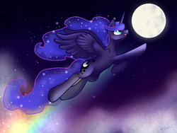 Size: 1600x1200 | Tagged: safe, artist:bubble-toes14, princess luna, g4, female, moon, rainbow, solo, space