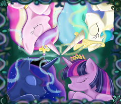 Size: 1100x940 | Tagged: safe, artist:kittyprints91, princess cadance, princess celestia, princess luna, twilight sparkle, alicorn, pony, g4, alicorn tetrarchy, eyes closed, female, magic, mare, twilight sparkle (alicorn)