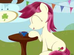 Size: 2000x1500 | Tagged: dead source, safe, artist:cylosis, roseluck, earth pony, pony, g4, clover cafe, female, mare, solo, tea