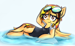 Size: 4160x2597 | Tagged: safe, artist:jetwave, spitfire, pegasus, pony, semi-anthro, g4, bedroom eyes, belly button, clothes, cutie mark, female, goggles, looking at you, one-piece swimsuit, open clothes, open shirt, school swimsuit, shirt, solo, stupid sexy spitfire, sukumizu, swimming goggles, swimsuit, wet mane