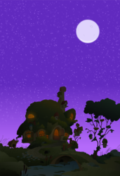 Size: 4070x5948 | Tagged: safe, artist:intrapulation, g4, absurd resolution, bridge, fluttershy's cottage, moon, night, no pony, river, scenery