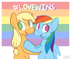 Size: 1753x1449 | Tagged: safe, artist:moozua, applejack, rainbow dash, earth pony, pegasus, pony, g4, female, gay pride, gay pride flag, hashtag, lesbian, lovewins, mare, no pupils, obergefell v. hodges, pride, ship:appledash, shipping