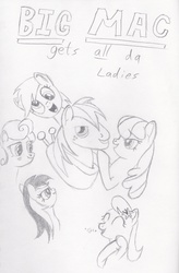Size: 3352x5120 | Tagged: safe, artist:coltboy, big macintosh, cheerilee, derpy hooves, lily, lily valley, rainbow dash, roseluck, earth pony, pony, g4, big macintosh gets all the mares, lilymac, male, monochrome, pencil drawing, ship:cheerimac, ship:derpymac, ship:rainbowmac, shipping, sketch, stallion, straight, traditional art