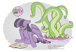 Size: 1280x883 | Tagged: safe, artist:northernsprint, twilight sparkle, alicorn, pony, g4, book, female, imminent rape, imminent sex, implied rape, mare, question mark, solo, tentacles, this will end in tears, twilight sparkle (alicorn)