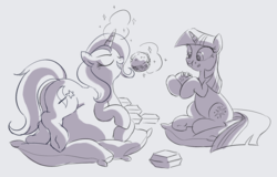 Size: 1500x958 | Tagged: source needed, safe, artist:mellowhen, trixie, twilight sparkle, pony, unicorn, g4, belly, big belly, burger, chubby, cushion, eating, fat, female, food, hay burger, magic, mare, monochrome, sketch, stuffed, stuffing, that pony sure does love burgers, the great and bountiful trixie, twilight burgkle, weight gain