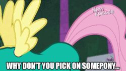 Size: 350x199 | Tagged: safe, edit, edited screencap, screencap, fluttershy, saddle rager, g4, power ponies (episode), animated, caption, clothes, costume, female, image macro, meme, muscle expansion, power ponies, solo, text