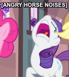 Size: 304x336 | Tagged: safe, screencap, applejack, pinkie pie, rarity, earth pony, pony, unicorn, g4, three's a crowd, angry, angry horse noises, animated, descriptive noise, eyes closed, female, frown, horse noises, horses doing horse things, image macro, mare, marshmelodrama, meme, open mouth, raised hoof, screaming, solo focus, tongue out, volumetric mouth