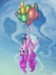 Size: 844x1115 | Tagged: safe, artist:gor1ck, pinkie pie, g4, balloon, female, floating, solo, then watch her balloons lift her up to the sky, upside down
