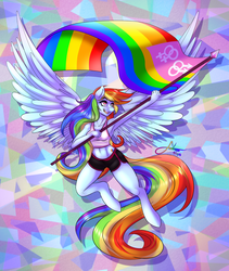 Size: 1280x1520 | Tagged: safe, artist:fatcakes, rainbow dash, pegasus, anthro, unguligrade anthro, g4, armpits, banner, belly button, bike shorts, clothes, female, flag, flying, gay pride, gay pride flag, lesbian pride flag, long hair, long tail, lovewins, midriff, murica, pride, rainbow, solo, sports bra, spread wings, tank top