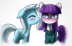 Size: 2500x1600 | Tagged: safe, artist:eljapones096, maud pie, trixie, pony, unicorn, g4, blushing, female, lesbian, mare, ship:mauxie, shipping