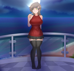Size: 1280x1243 | Tagged: safe, artist:jonfawkes, oc, oc only, oc:reppy, human, beach, big breasts, breasts, clothes, female, high heels, humanized, humanized oc, looking at you, moon, night, ocean, skirt, sleeveless sweater, smiling, socks, solo, sweater, thigh highs