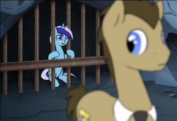 Size: 641x439 | Tagged: safe, artist:amanda d, doctor whooves, minuette, time turner, earth pony, pony, unicorn, g4, cave, doctor who, idris, jail, male, necktie, ponified scene, prison, scene interpretation, stallion, tardis, the doctor, the doctor's wife, youtube link