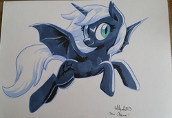 Size: 1024x703 | Tagged: safe, artist:yulyeen, oc, oc only, alicorn, bat pony, bat pony alicorn, pony, alicorn oc, bat wings, horn, solo, traditional art, wings