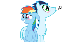 Size: 1024x582 | Tagged: safe, artist:deepbluelovesu, rainbow dash, soarin', g4, blushing, female, hug, male, ship:soarindash, shipping, straight, whistling, winghug