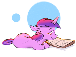 Size: 1600x1200 | Tagged: safe, artist:imsokyo, amethyst star, sparkler, pony, unicorn, g4, abstract background, book, commission, female, floppy ears, mare, prone, reading, solo