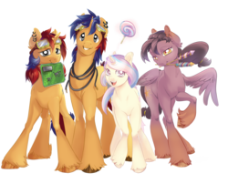 Size: 2880x2331 | Tagged: safe, artist:pyoo-kee-pony, oc, oc only, oc:electric spark, oc:pop candy, oc:star burst, oc:sweet voltage, pegasus, pony, unicorn, cable, circuit board, elecstar, fireworks, goggles, high res, lollipop, popspark, simple background, transparent background, unshorn fetlocks