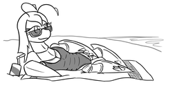 Size: 1280x630 | Tagged: safe, artist:jargon scott, derpibooru exclusive, queen chrysalis, insect, g4, beach, blanket, clothes, female, monochrome, one-piece swimsuit, solo, species swap, sunglasses, swimsuit, tank chrysalis