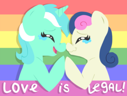 Size: 1500x1125 | Tagged: safe, artist:coggler, artist:frog&cog, artist:gopherfrog, bon bon, lyra heartstrings, sweetie drops, earth pony, pony, unicorn, g4, boop, crying, duo, eyes closed, female, gay marriage, gay pride, gay pride flag, heartstrings, lesbian, love, lovewins, nose wrinkle, noseboop, obergefell v. hodges, pride, pride flag, ship:lyrabon, shipping, smiling, tears of joy, wavy mouth