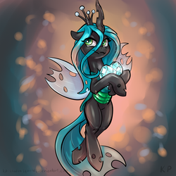 Size: 1500x1500 | Tagged: safe, artist:kp-shadowsquirrel, queen chrysalis, changeling, changeling queen, g4, crystal heart, female, smiling, solo